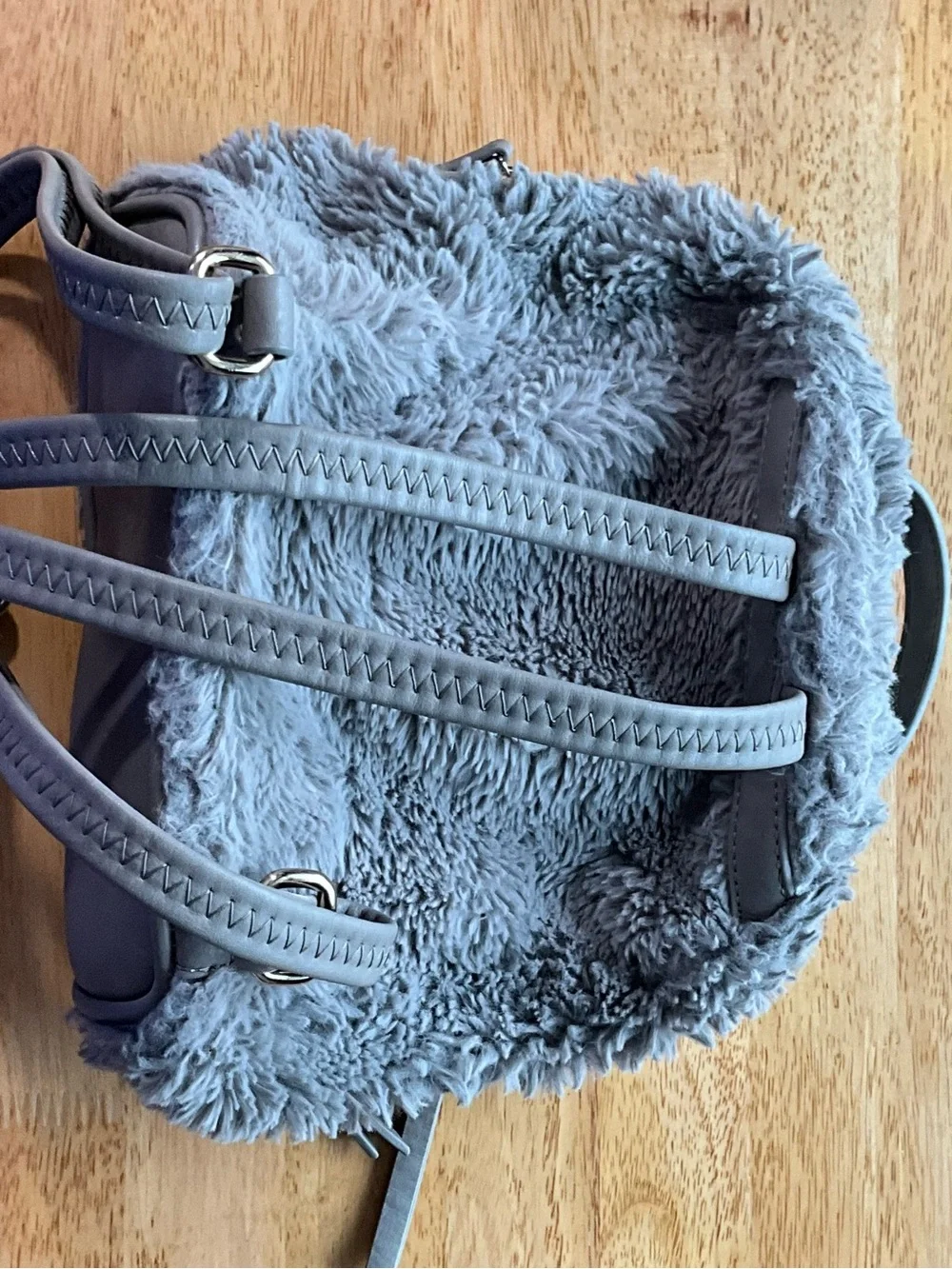 Grey Faux Fur Mini Backpack Plush Teddy Convertible Bag Small 9”x12” Soft